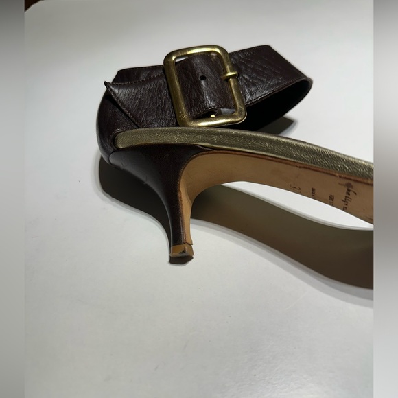 Bettye Muller Open Toe Sandals Size 37, Snake Pattern, Brown and Gold Buckle - Picture 11 of 12